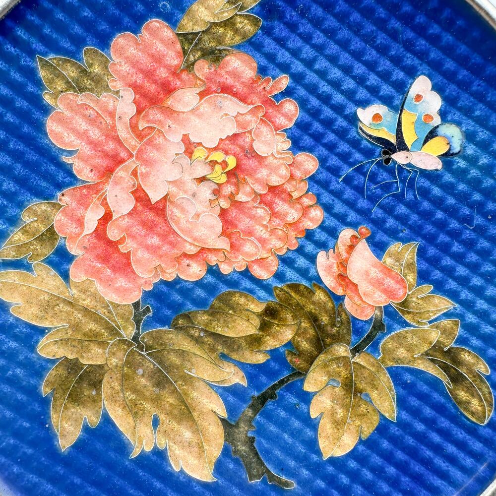 Antique Silver Ginbari Cloisonne Plate Blue Coral Peony Flower Butterfly w Stand - Picture 4 of 13